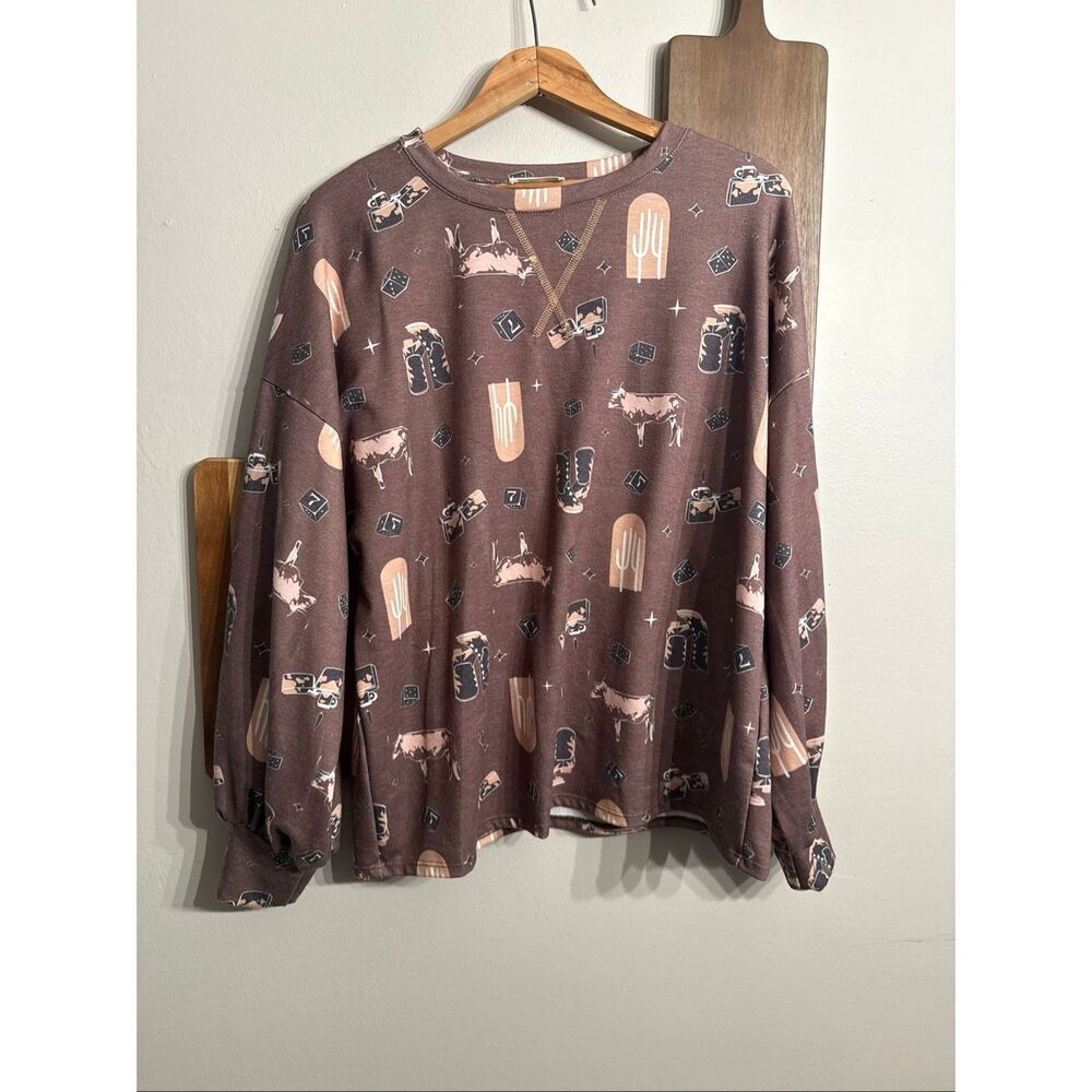 Avery Brown Western Print Long Sleeve Crewneck Sweatshirt Size Medium